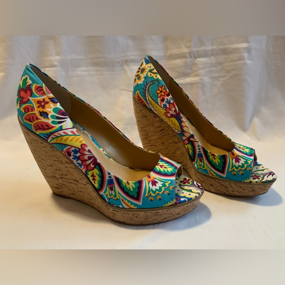 Vibrant Multicolor Floral Print Cork Wedge Heels - Picture 4 of 15